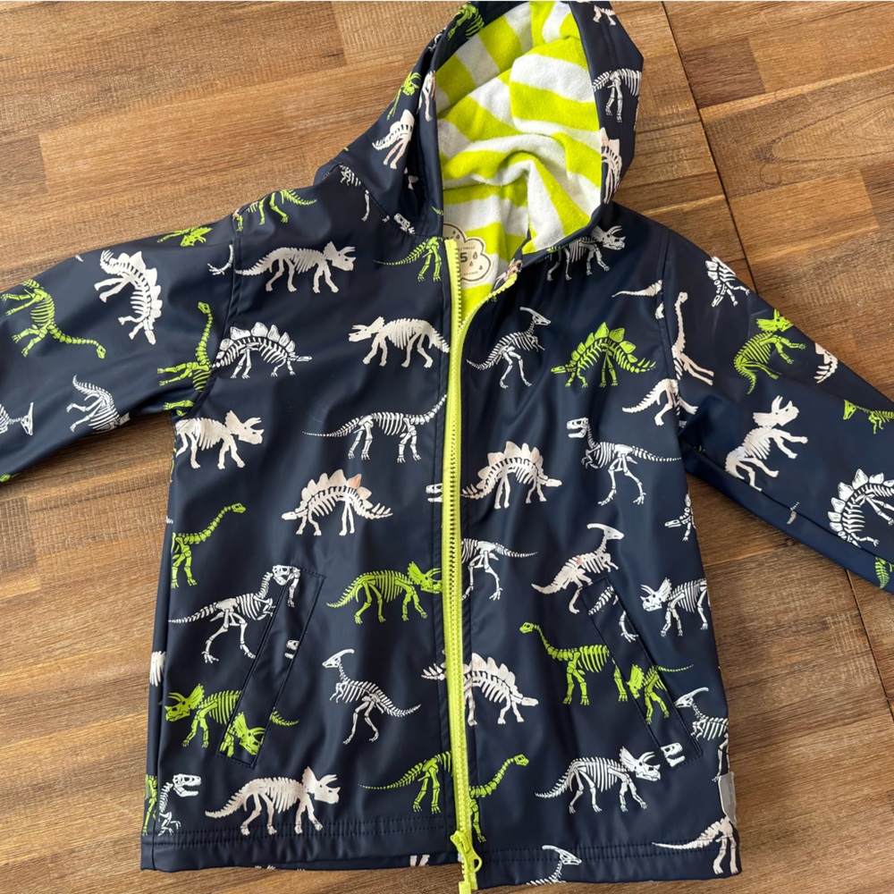 Kids Dinosaur Print hatley lined raincoat- Navy and Green